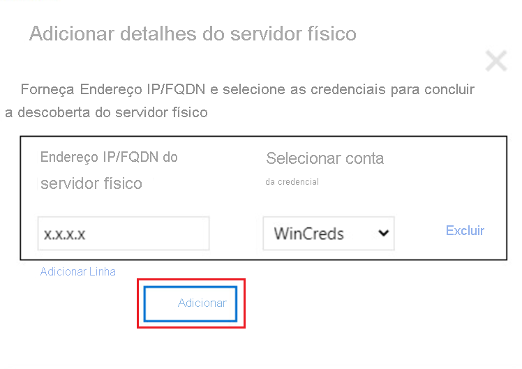 Captura de ecrã de Adicionar detalhes do servidor físico.