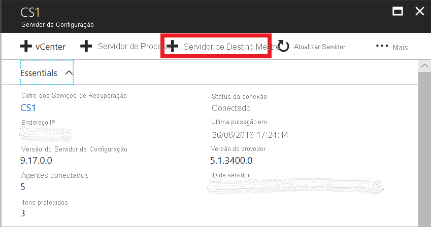 Captura de tela que mostra o botão Adicionar Servidor de Destino Mestre