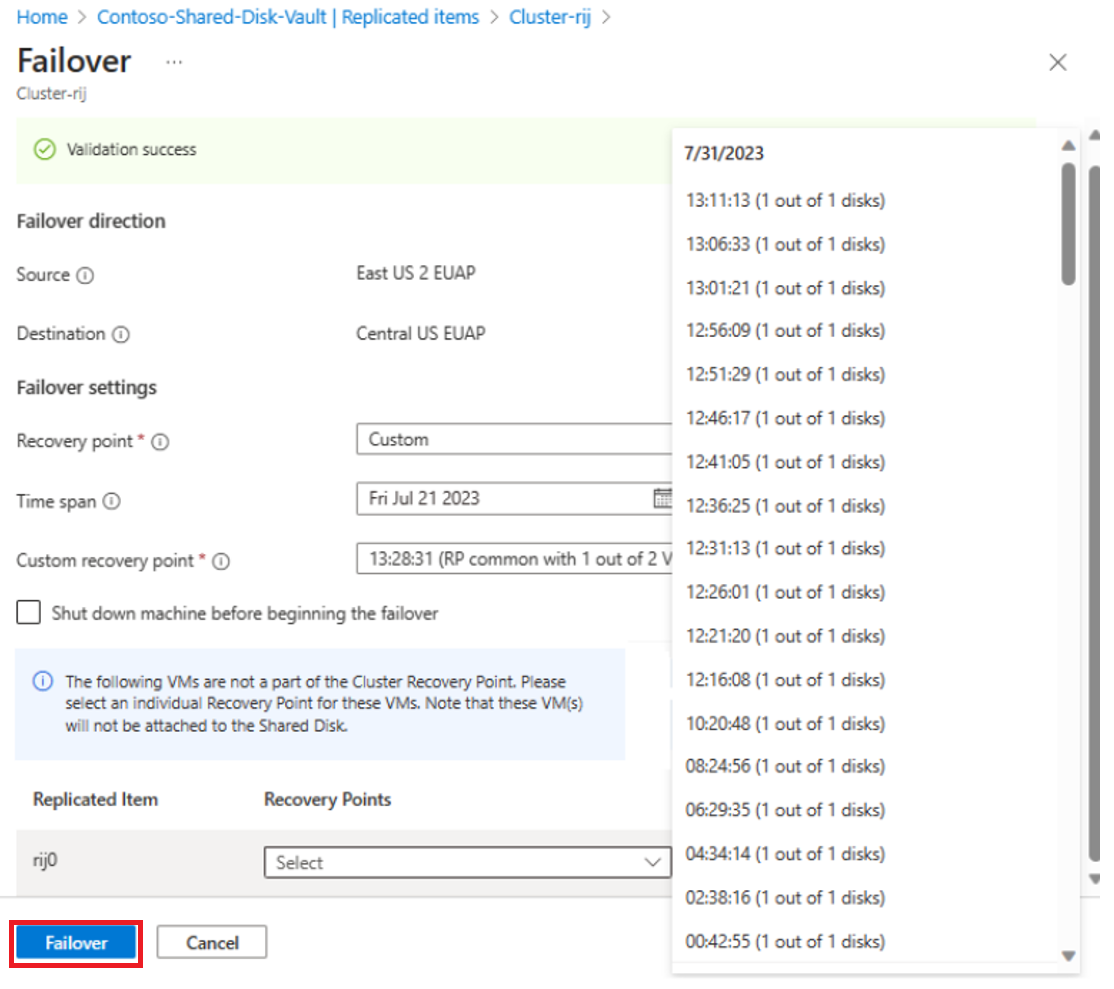 Captura de ecrã a mostrar a lista de recuperação de cluster.