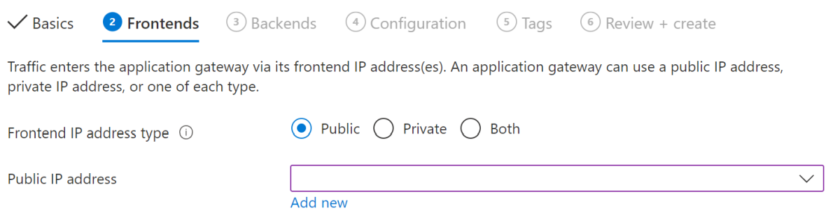 Captura de ecrã do portal do Azure a mostrar o separador Frontends da página 'Criar gateway de aplicação'.