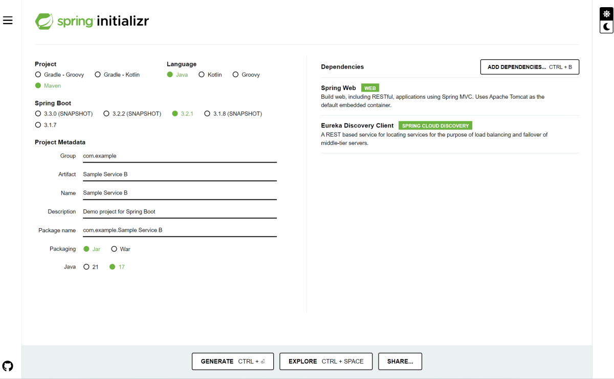 Captura de tela da página Spring Initializr que mostra as configurações necessárias.