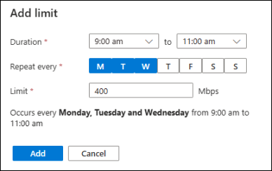 Uma captura de tela de uma caixa de diálogo do portal do Azure mostrando as entradas para definir um limite para um período de tempo personalizado.