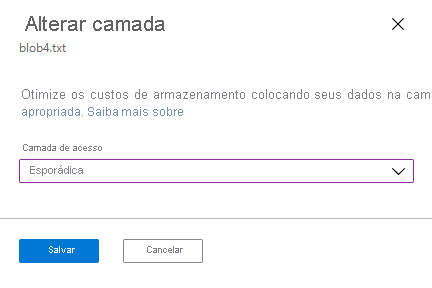 Captura de ecrã a mostrar como alterar a camada de um blob no portal do Azure