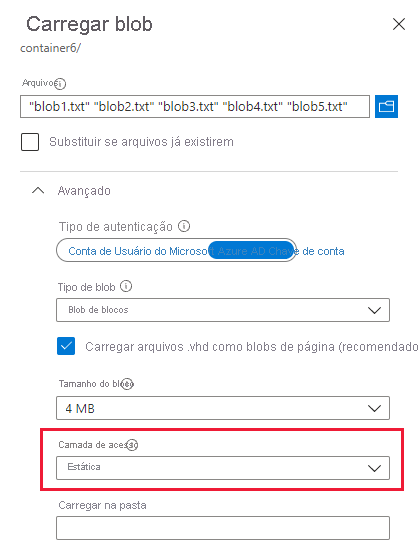 Captura de ecrã a mostrar como carregar blobs para um escalão online no portal do Azure.