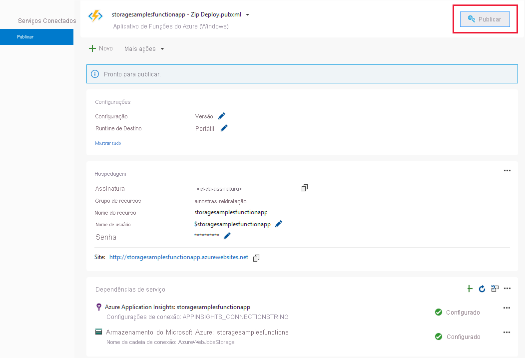 Captura de ecrã a mostrar a página para publicar o Azure Function a partir do Visual Studio