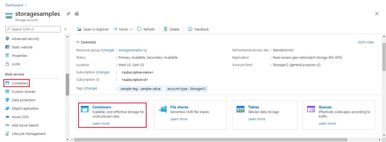 Captura de ecrã a mostrar como navegar para dados de blob no portal do Azure