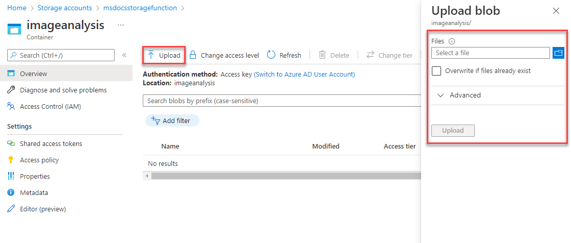 Uma captura de tela mostrando como carregar um blob para um contêiner de armazenamento.