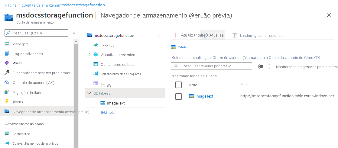 Uma captura de tela mostrando uma entrada de texto no Armazenamento de Tabela do Azure.