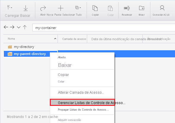 Clicar com o botão direito do mouse em um diretório no Gerenciador de Armazenamento do Azure