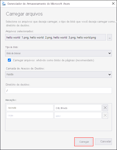 Explorador de Armazenamento do Microsoft Azure – Carregar um blob