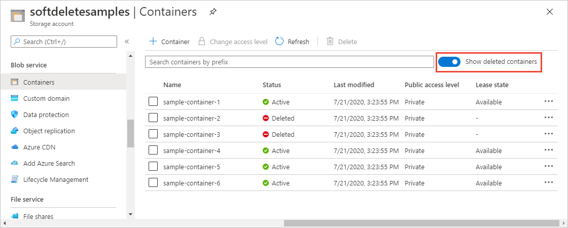 Captura de tela mostrando como exibir contêineres excluídos por software no portal do Azure.