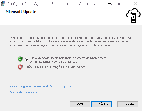 Verifique se o Microsoft Update está habilitado no painel Microsoft Update do instalador do agente do Azure File Sync.