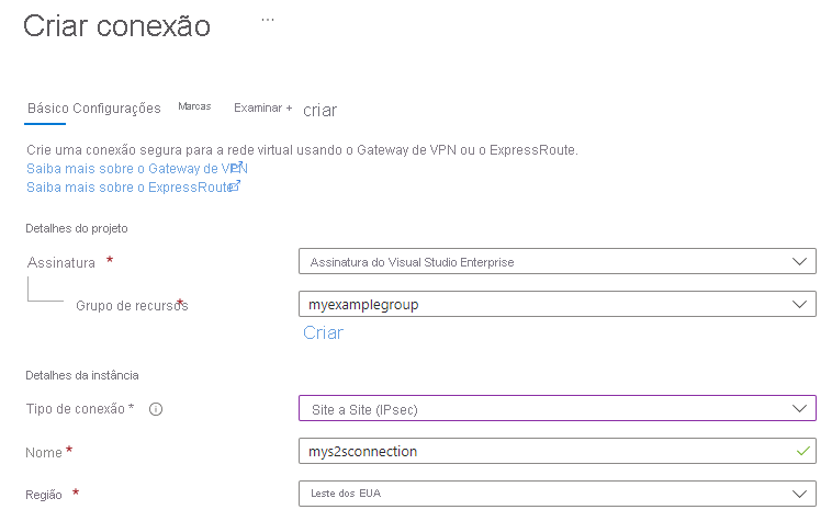 Captura de tela mostrando como criar uma conexão VPN site a site usando o portal do Azure.