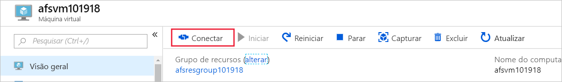 Captura de ecrã do separador VM, +Connect está realçado.