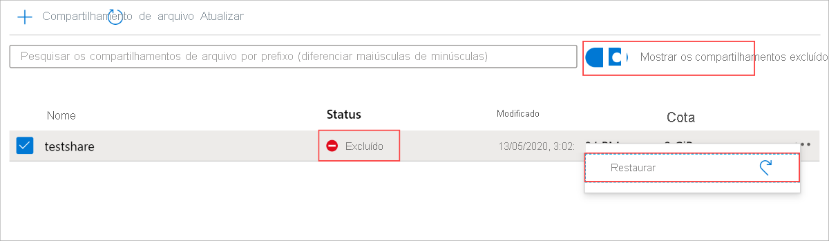 Se a coluna de status, a coluna ao lado da coluna de nome, estiver definida como Excluído, seu compartilhamento de arquivos estará em um estado de exclusão suave. E será permanentemente excluído após o período de retenção especificado.