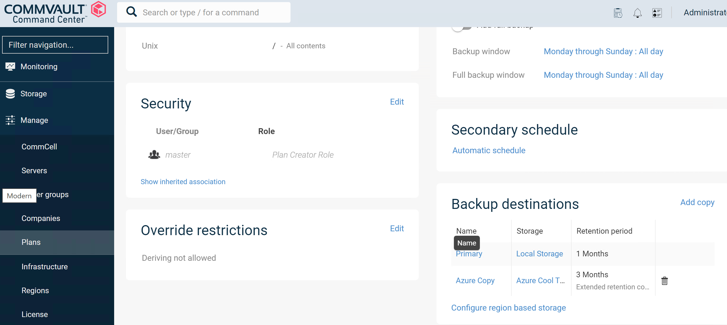 Captura de ecrã da interface de utilizador do Commvault Command Center. Na navegação à esquerda, em Gerenciar, a opção Planos está selecionada.