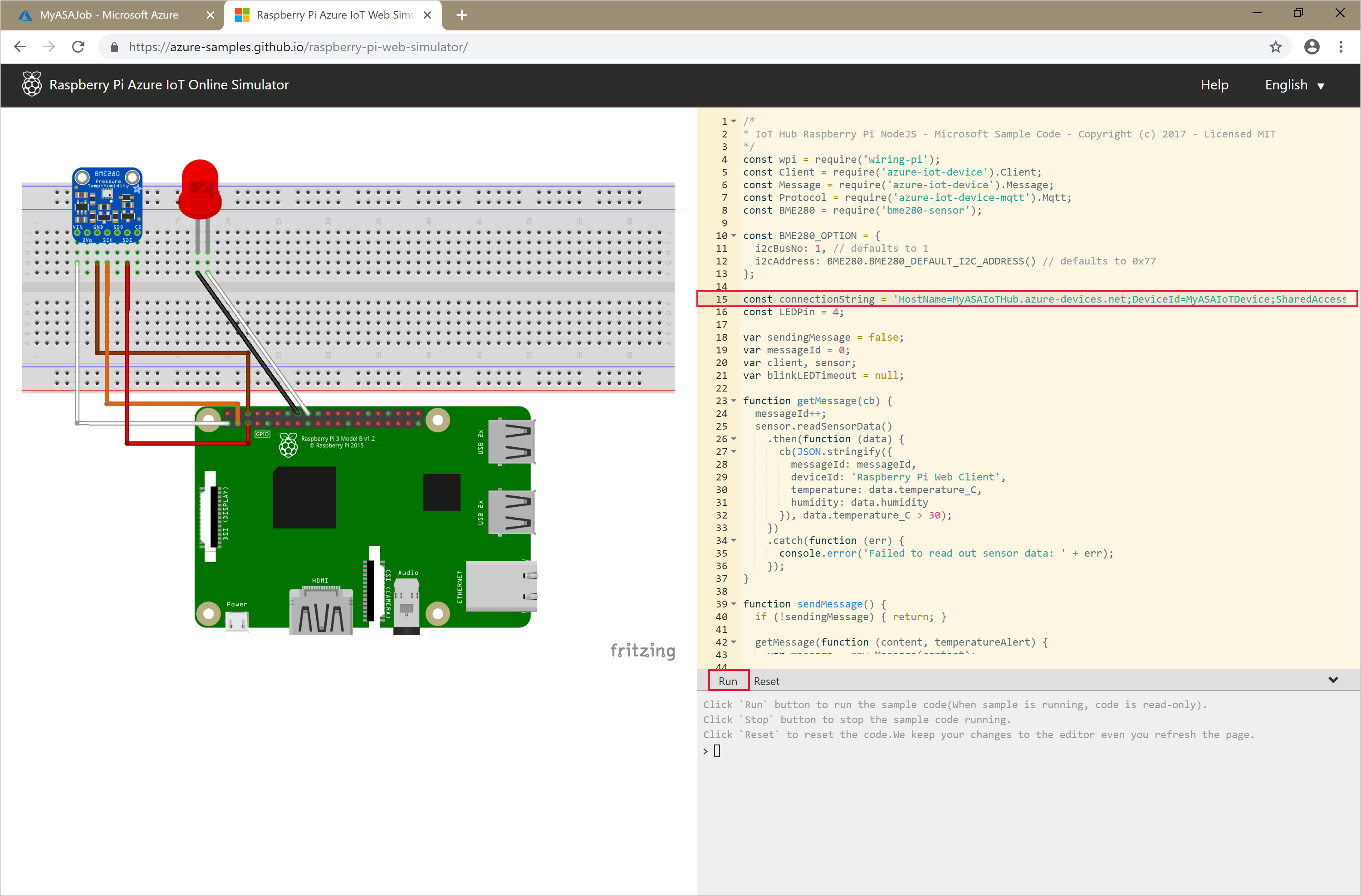 Captura de ecrã a mostrar o Simulador do Azure IoT Online do Raspberry Pi.