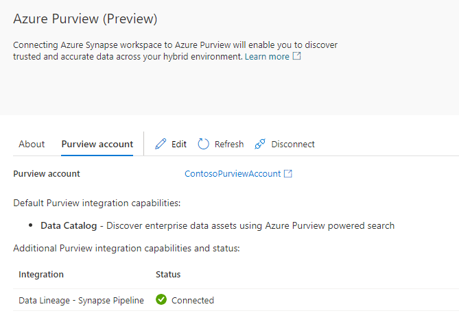 Captura de ecrã para monitorizar o estado de integração entre o Azure Synapse e o Microsoft Purview.