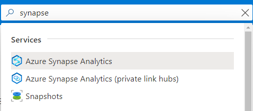 portal do Azure barra de pesquisa com áreas de trabalho do Synapse digitadas.