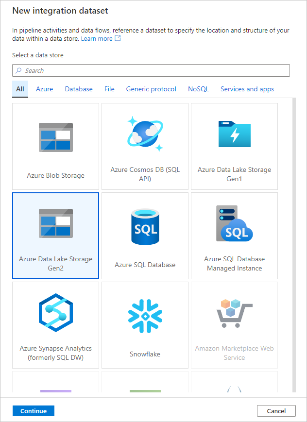 Escolha Azure Data Lake Storage Gen2