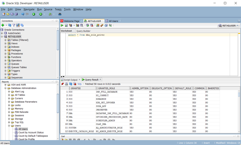 Captura de tela mostrando o painel Relatórios para direitos de acesso de usuário no Oracle SQL Developer.