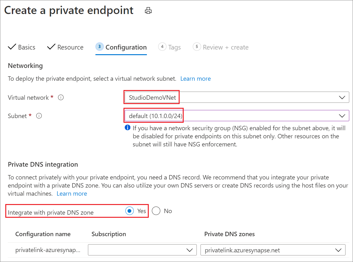 Captura de ecrã a mostrar Criar um ponto final privado, separador Configuração.