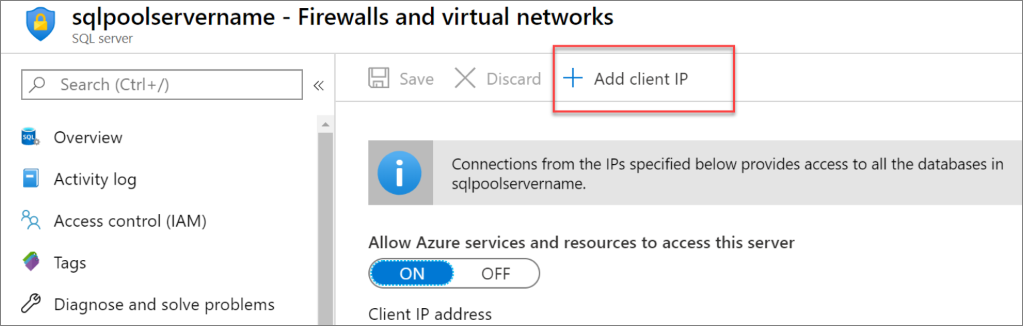 Uma captura de tela do portal do Azure. Regra de firewall do servidor através do botão Adicionar IP do cliente.