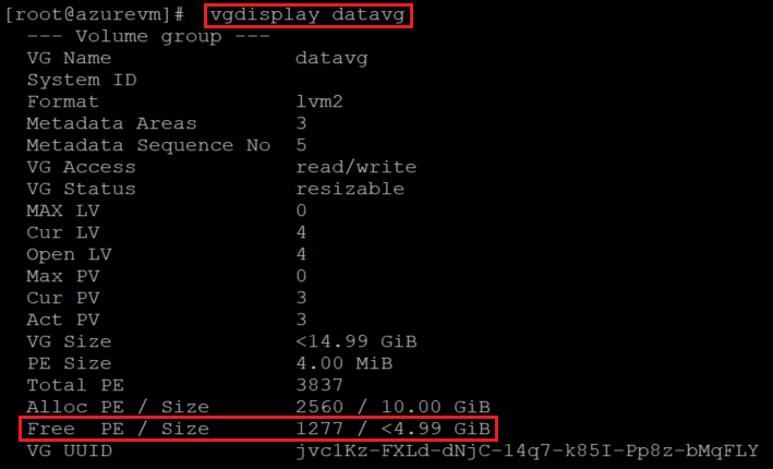 Captura de tela mostrando o código de exibição V G que verifica o espaço no VG com o comando e o resultado realçados.