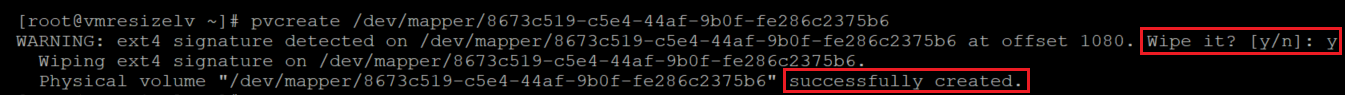 Captura de tela mostrando o código que cria um volume físico na camada criptografada com os resultados realçados.