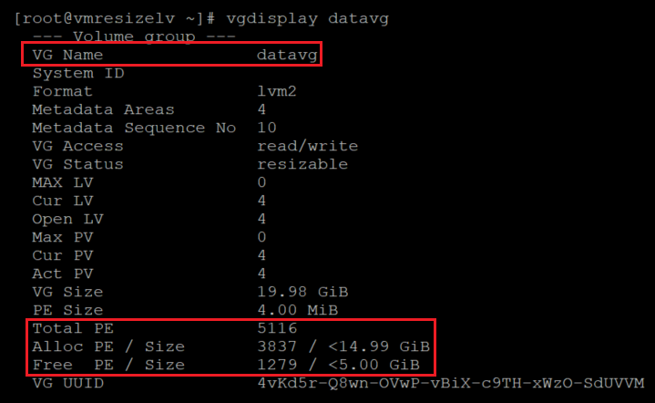 Captura de tela mostrando o código que verifica o tamanho e o espaço livre do grupo de volumes com os resultados realçados.