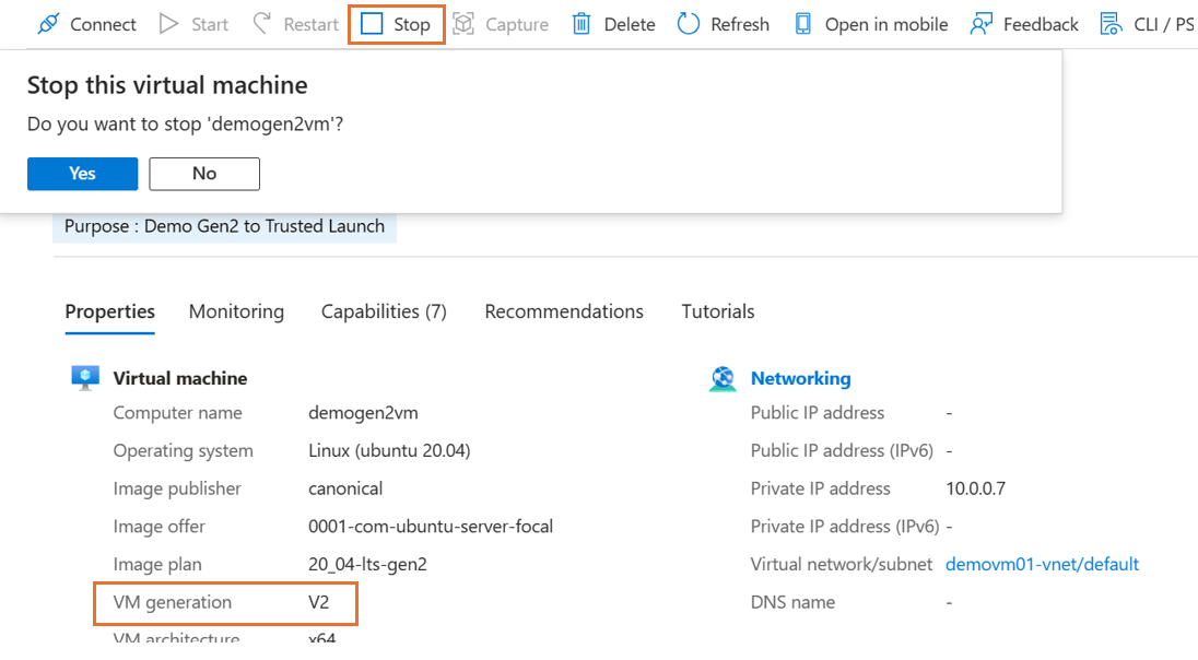 Captura de tela que mostra a VM Gen2 a ser deslocalizada.