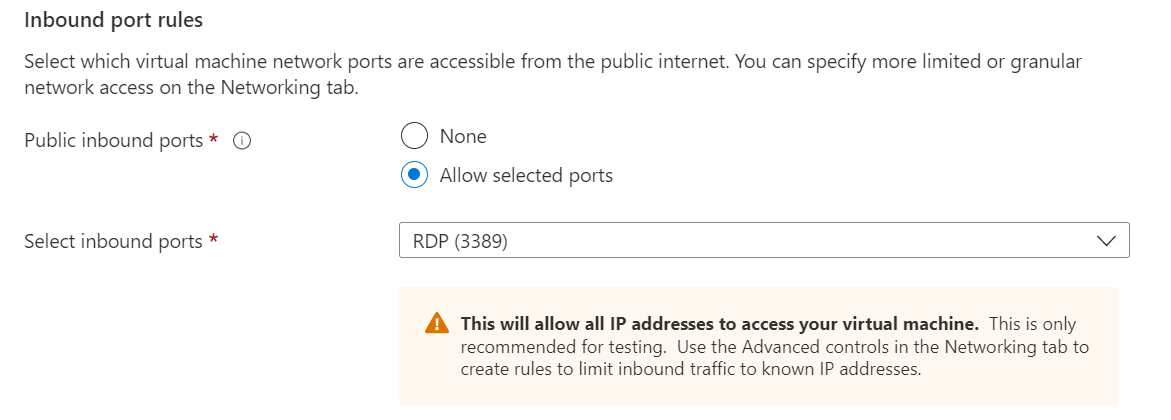 Captura de tela da seção de regras de porta de entrada onde você seleciona quais portas as conexões de entrada são permitidas em