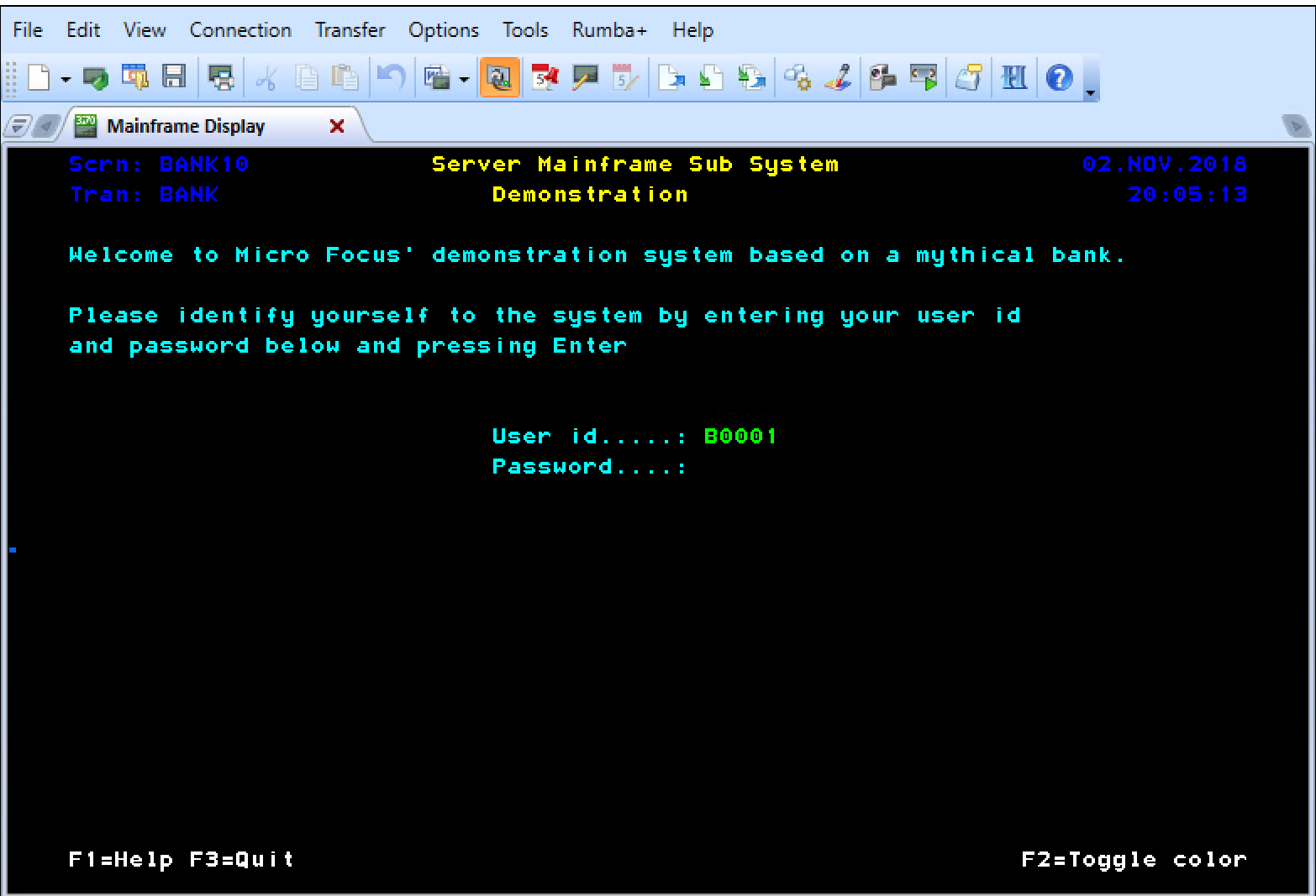 Tela de boas-vindas do Mainframe Display