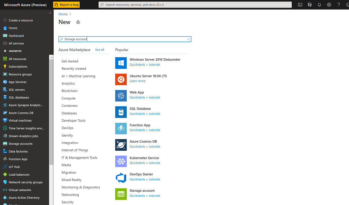 Captura de tela que mostra onde criar um recurso e selecionar uma conta de armazenamento.