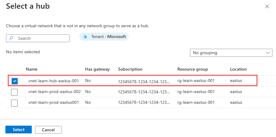 Captura de ecrã de Selecione uma lista de hubs.