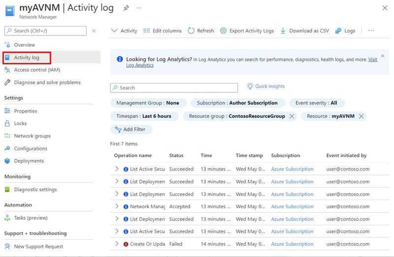 Captura de ecrã da página de registo de atividades do Network Manager.