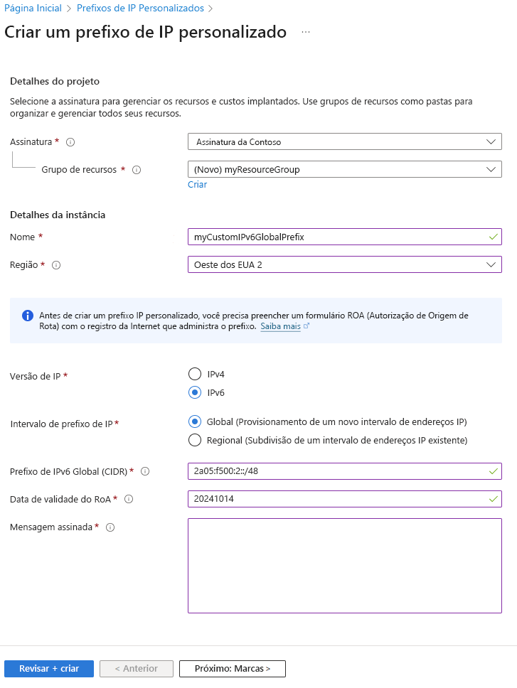 Captura de ecrã da página de criação de prefixo IP personalizado no portal do Azure.