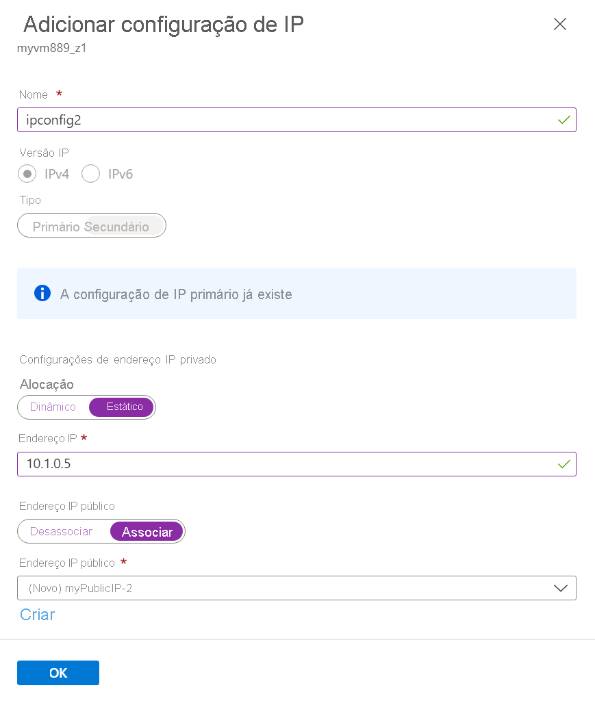 Captura de ecrã de Adicionar configuração IP.