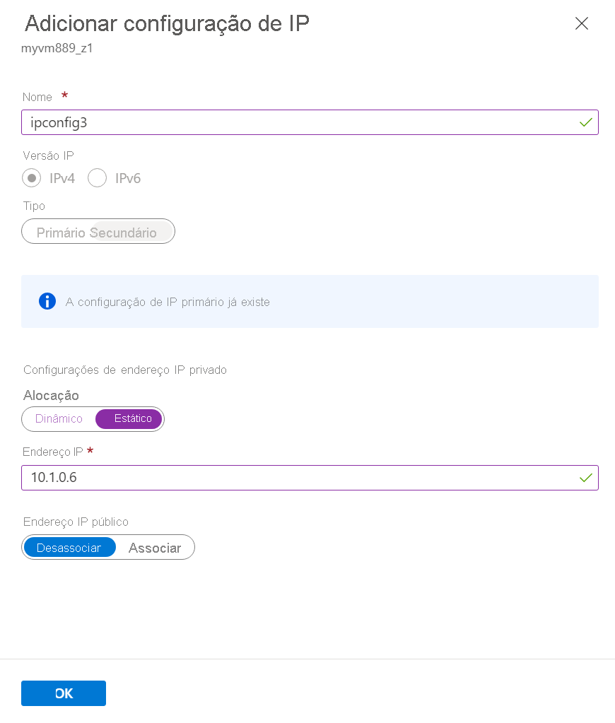 Captura de ecrã de Adicionar configuração IP apenas para um IP privado.