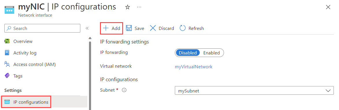 Captura de ecrã da página de configurações I P no portal do Azure.