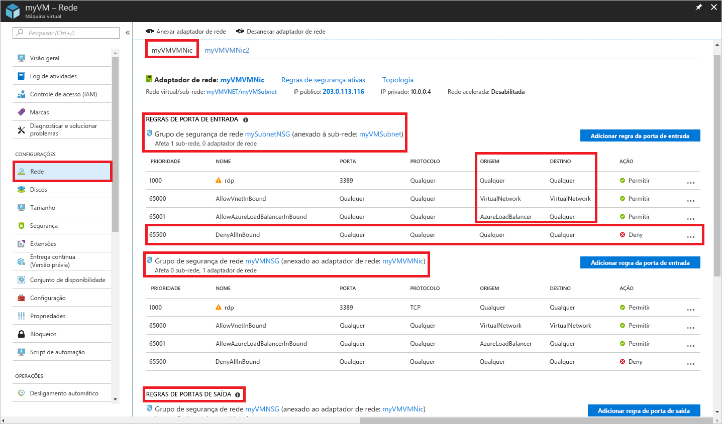 A captura de tela mostra o portal do Azure com configurações de rede para meu V M V M Nic.