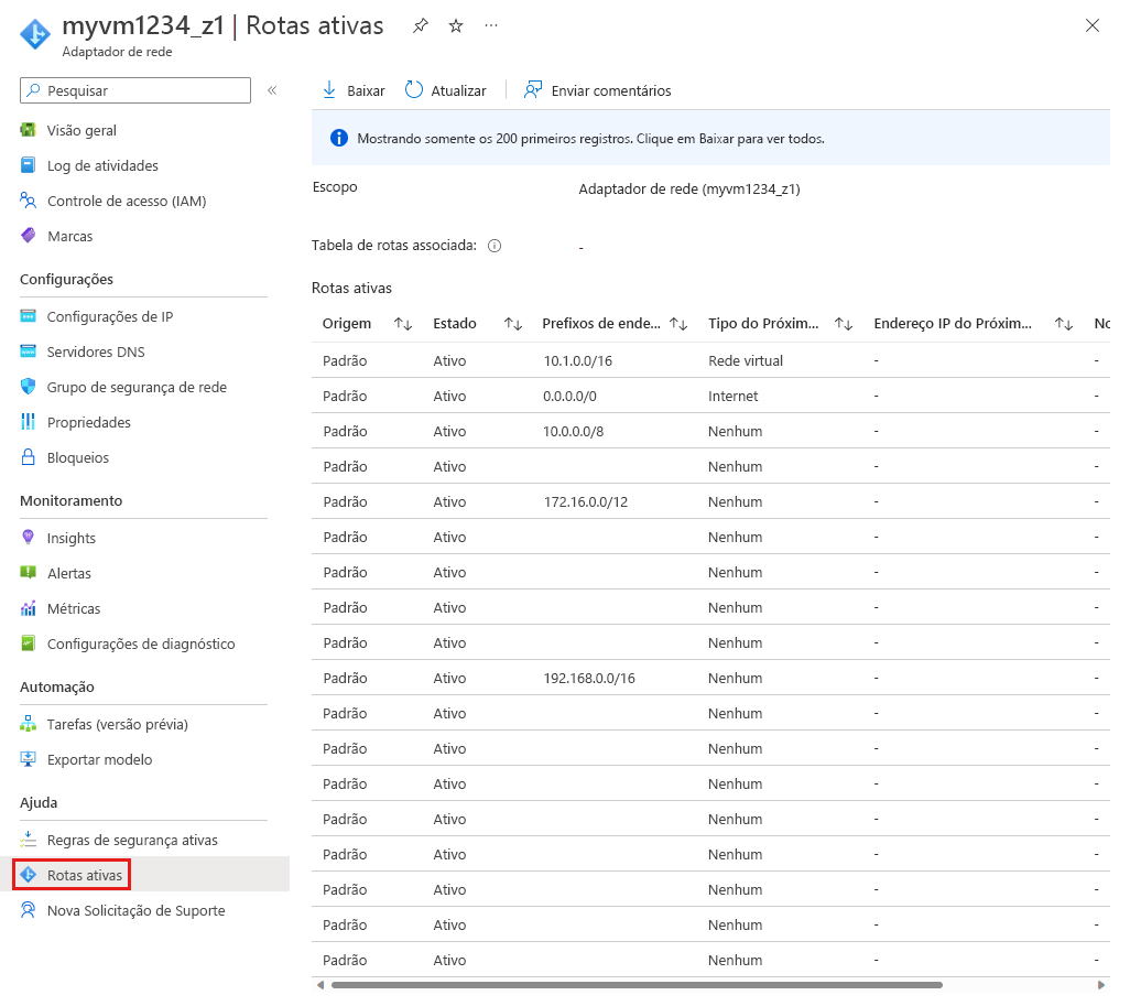 Captura de tela das rotas efetivas para uma interface de rede.