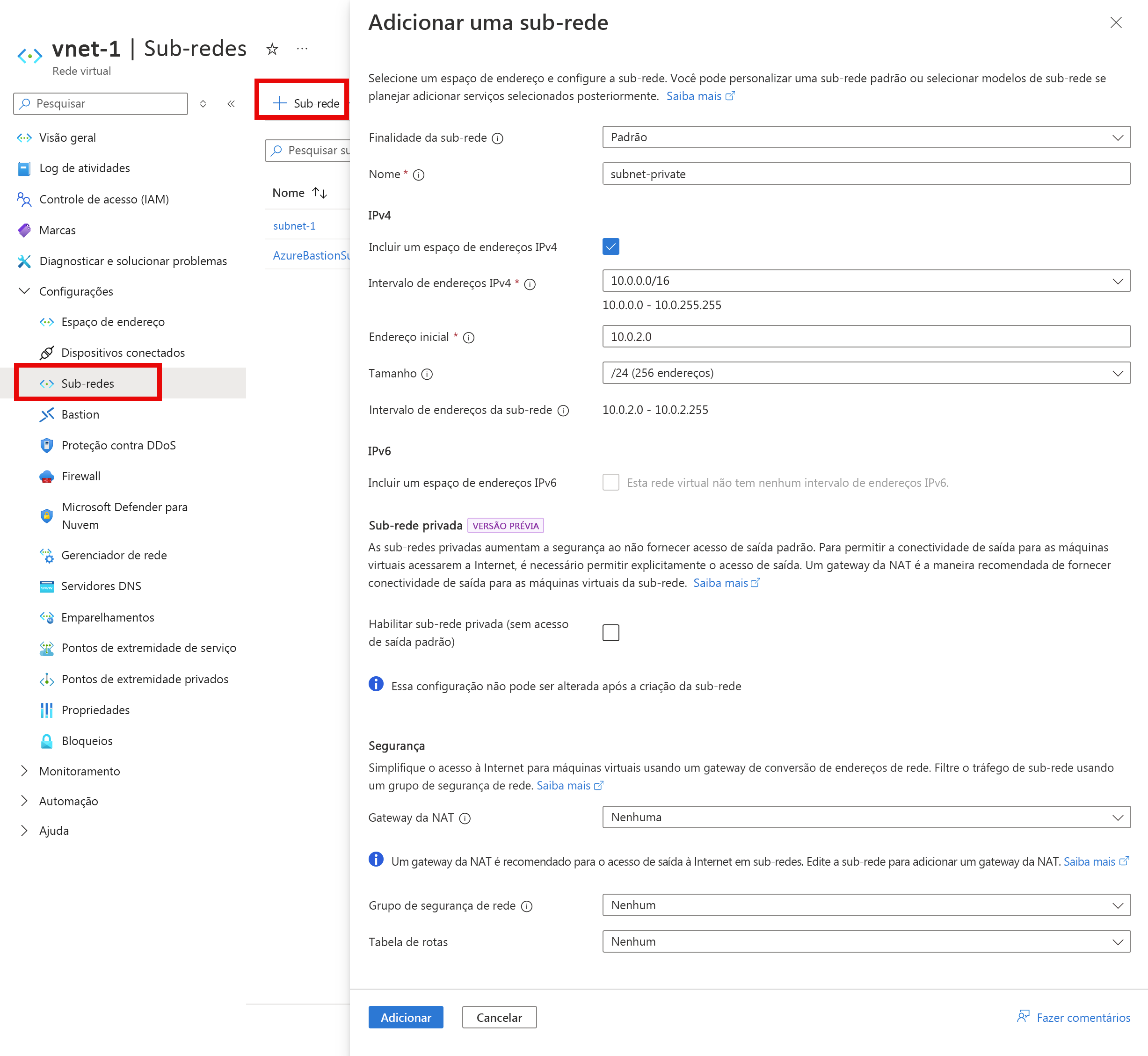 Captura de tela da criação de sub-rede privada na rede virtual.