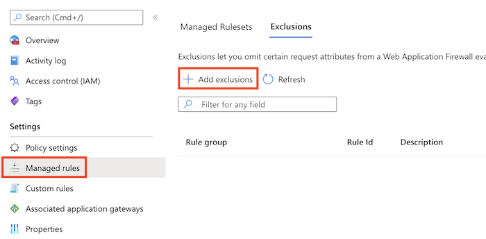 Captura de ecrã do portal do Azure que mostra como adicionar uma nova exclusão por regra para a política W A F.