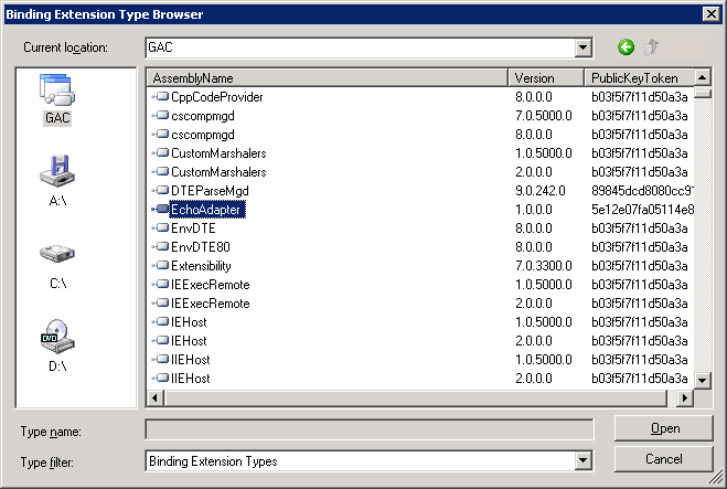 Screenshot that shows the Binding Extension Type Browser.