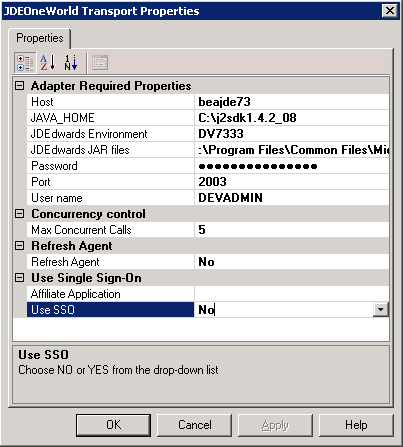 Screenshot of the JDEOneWorld Transport Properties pane showing the connection parameters and values for the JD Edwards OneWorld system.