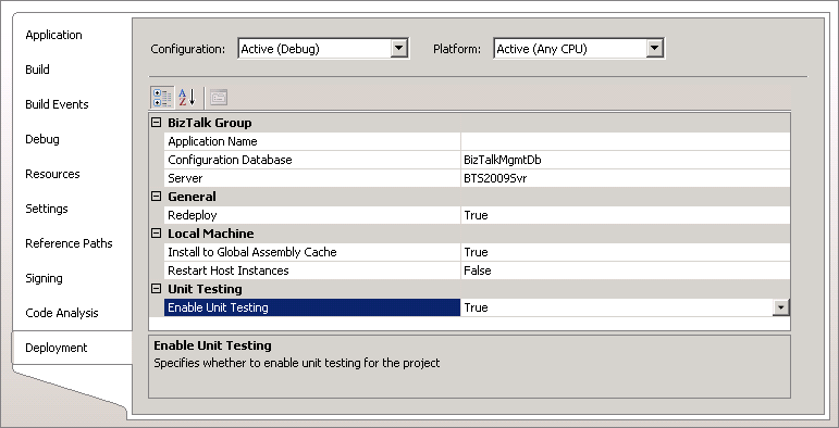 Image that shows the Deployment tab in Project Designer exposing the Enable Unit Testing project property.