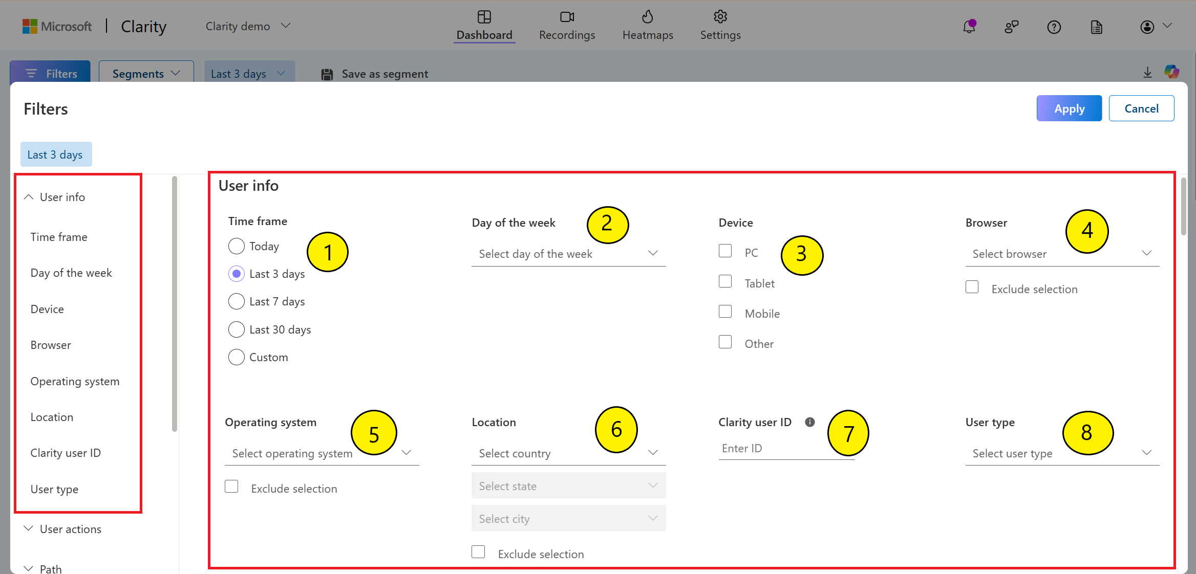 Filters by user info.