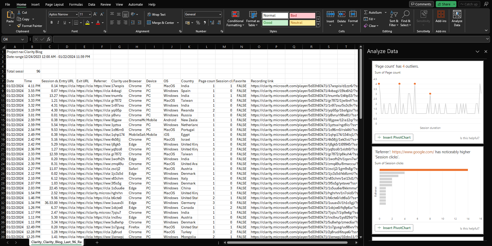 Downloaded recording CSV.