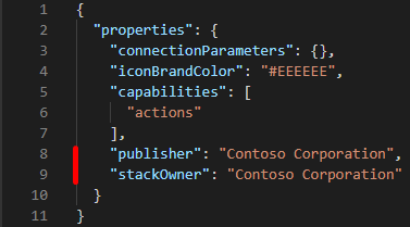 Captura de ecrã que mostra as propriedades publisher e stackOwner, que estão disponíveis em Fragmentos de código de exemplo.